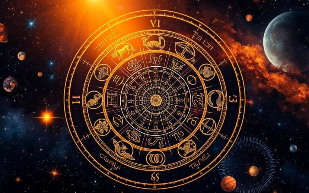 Intricate astrological chart with zodiac symbols and celestial bodies, set against a vibrant cosmic background illuminated by a soft light source.
